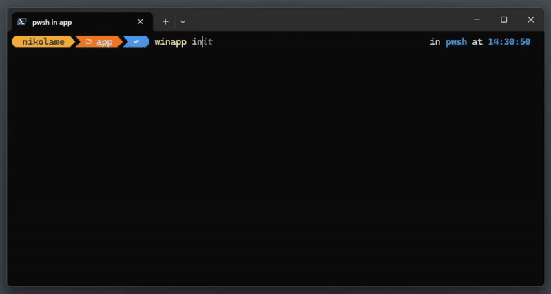 Un video/gif del comando winapp init ejecutándose en un directorio genera manifiestos, activos, certificados y proyecciones de C++.