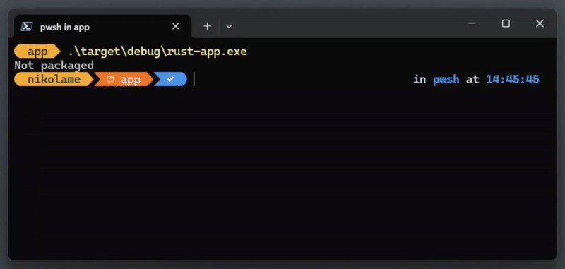 Un video/gif de winapp create-debug-identity agregando la identidad del paquete a un exe.