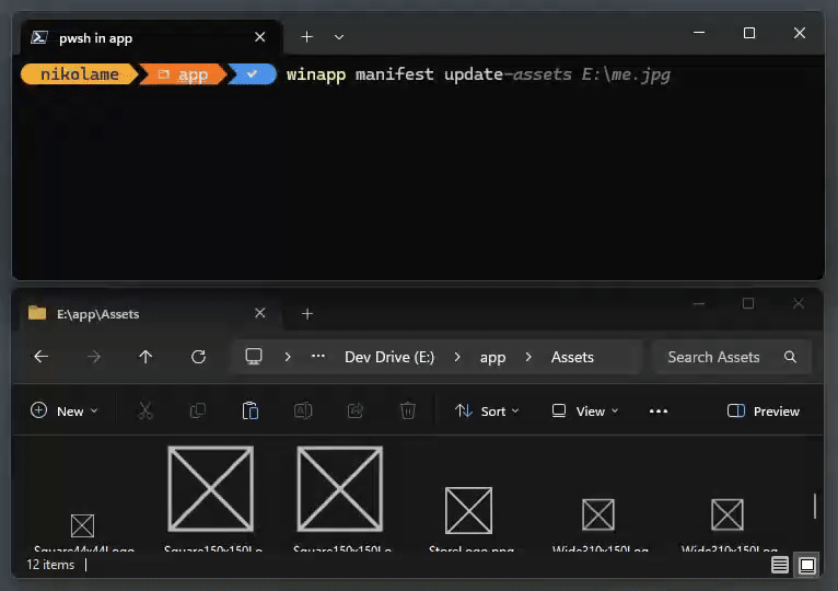 Un vídeo/gif del comando update-assets del manifiesto de winapp que actualiza los recursos existentes a partir de una imagen.