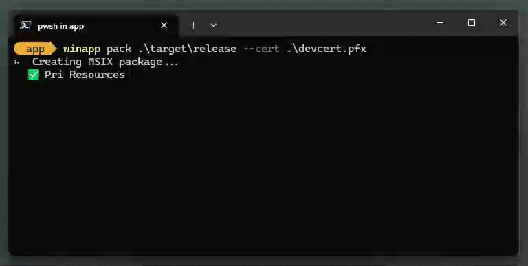 Un vídeo/gif del comando winapp pack que empaqueta una carpeta para msix y firma el paquete.