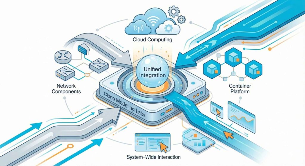 Una ilustración de cómo CML logra una integración unificada con la computación en la nube, los componentes de red y la plataforma de contenedores. 