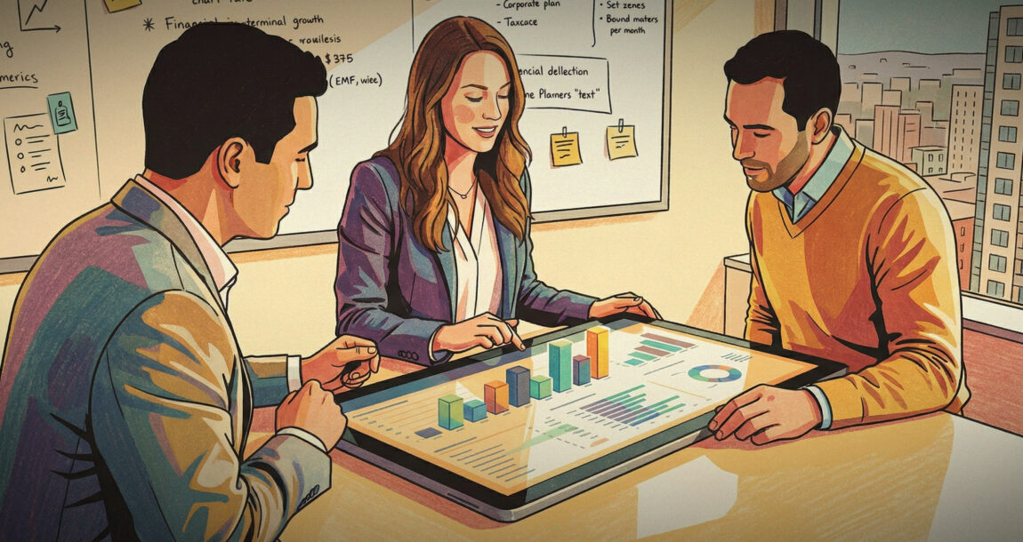 Ilustración de un asesor financiero y un cliente que analizan diferentes modelos financieros de inversión. Cómo-los-planificadores-financieros-pueden-utilizar-escenarios-de-modelado-para-mejorar-la-confianza-del-cliente.