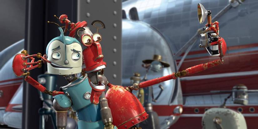 Rodney Copperbottom y Fender Pinwheeler toman una fotografía de la película Robots