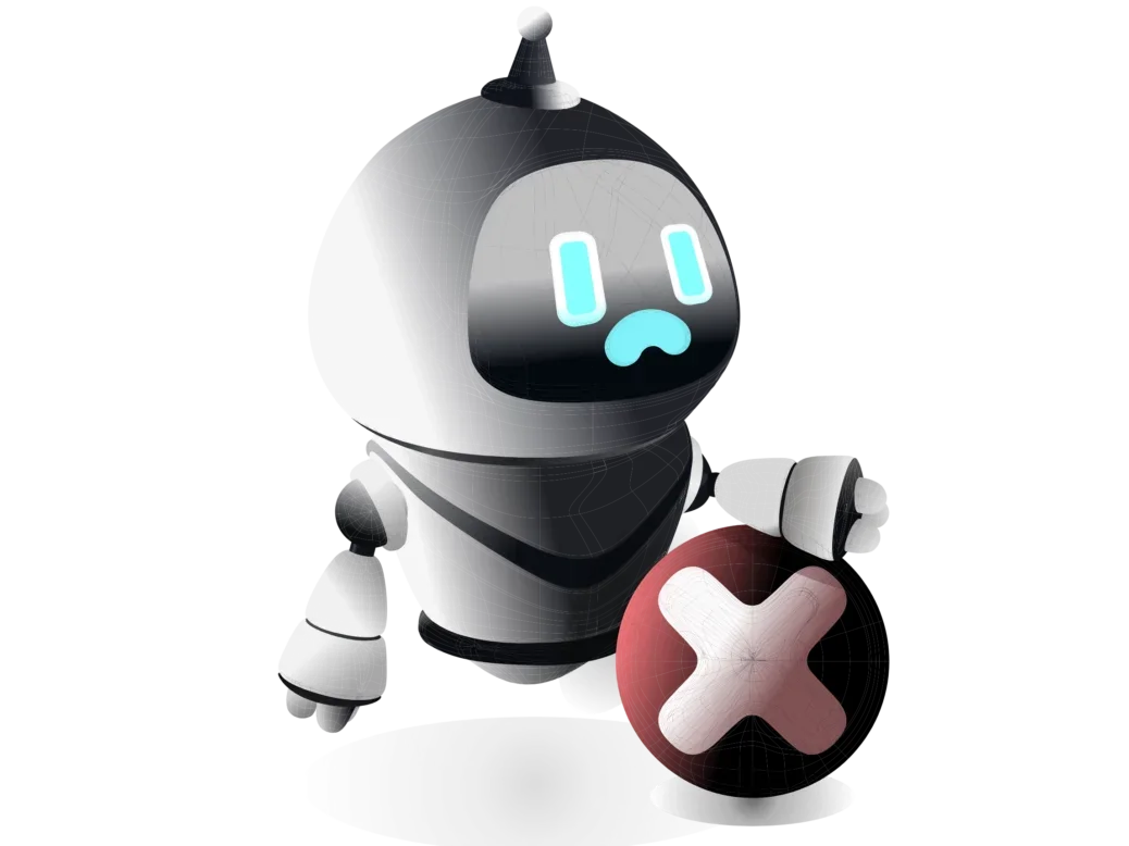 Robot con una gran cruz roja al frente y una expresión triste en su rostro para representar los robots de IA bloqueados por los editores.